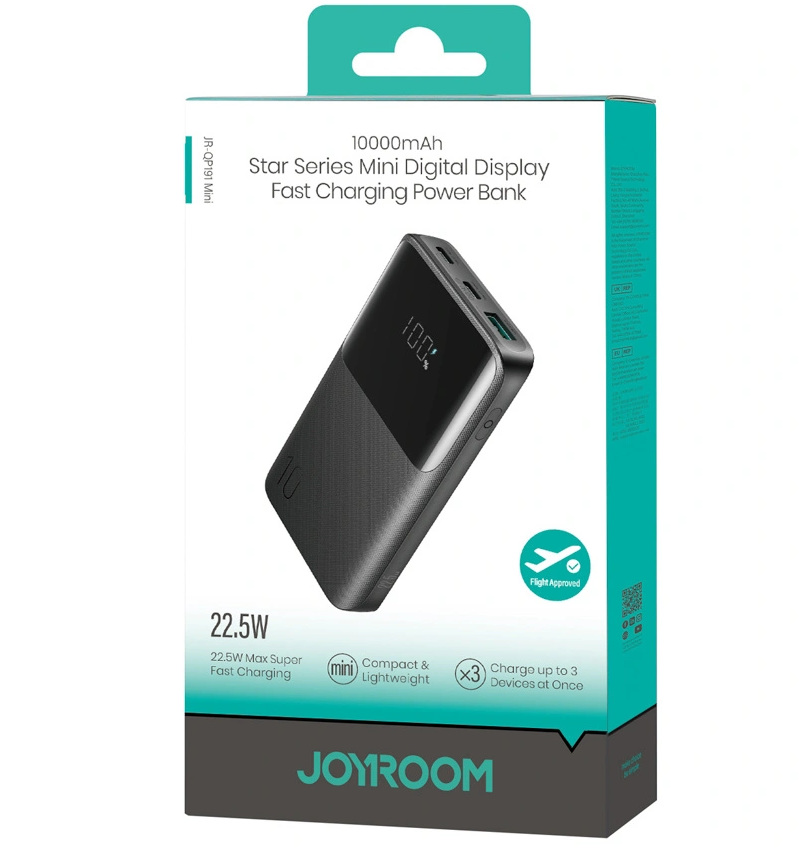 Zunanja baterija Joyroom JR-QP191, 10000mAh, 22.5W, QC + PD, 1 x USB-A - 2 x USB-C, Črna