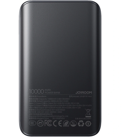Zunanja baterija Joyroom JR-QP191, 10000mAh, 22.5W, QC + PD, 1 x USB-A - 2 x USB-C, Črna