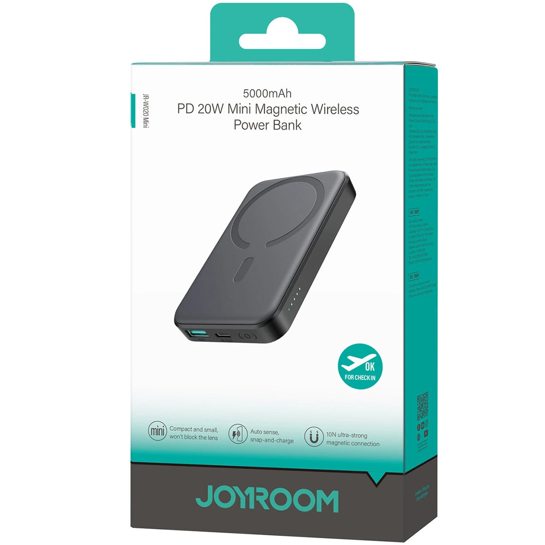 External Battery Joyroom JR-W020 Mini, 5000mAh, 20W, QC + PD + FQI, 1 x QI - 1 x USB-A - 1 x USB-C, Black 