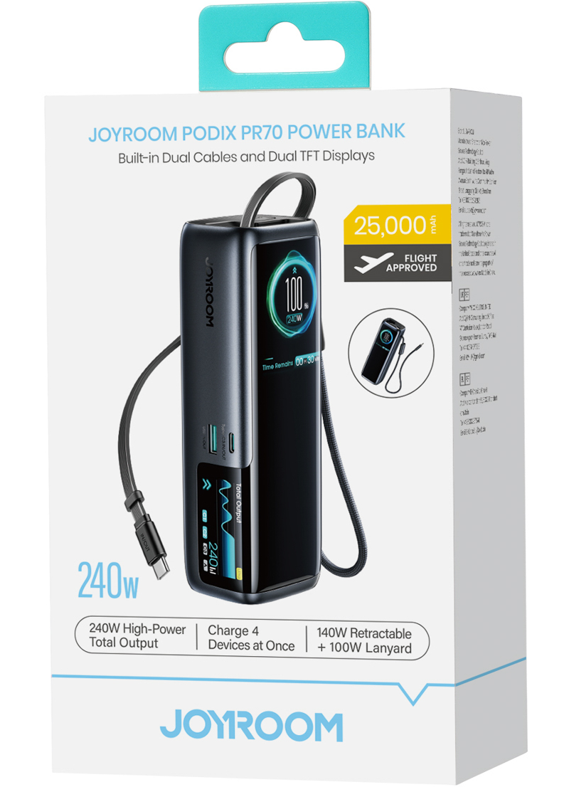 Zunanja baterija Joyroom PODIX PR70, 25000 mAh, 240 W, QC + PD, 1 × USB-A – 3 × USB-C, črna