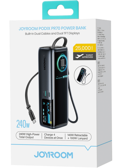 Zunanja baterija Joyroom PODIX PR70, 25000 mAh, 240 W, QC + PD, 1 × USB-A – 3 × USB-C, črna
