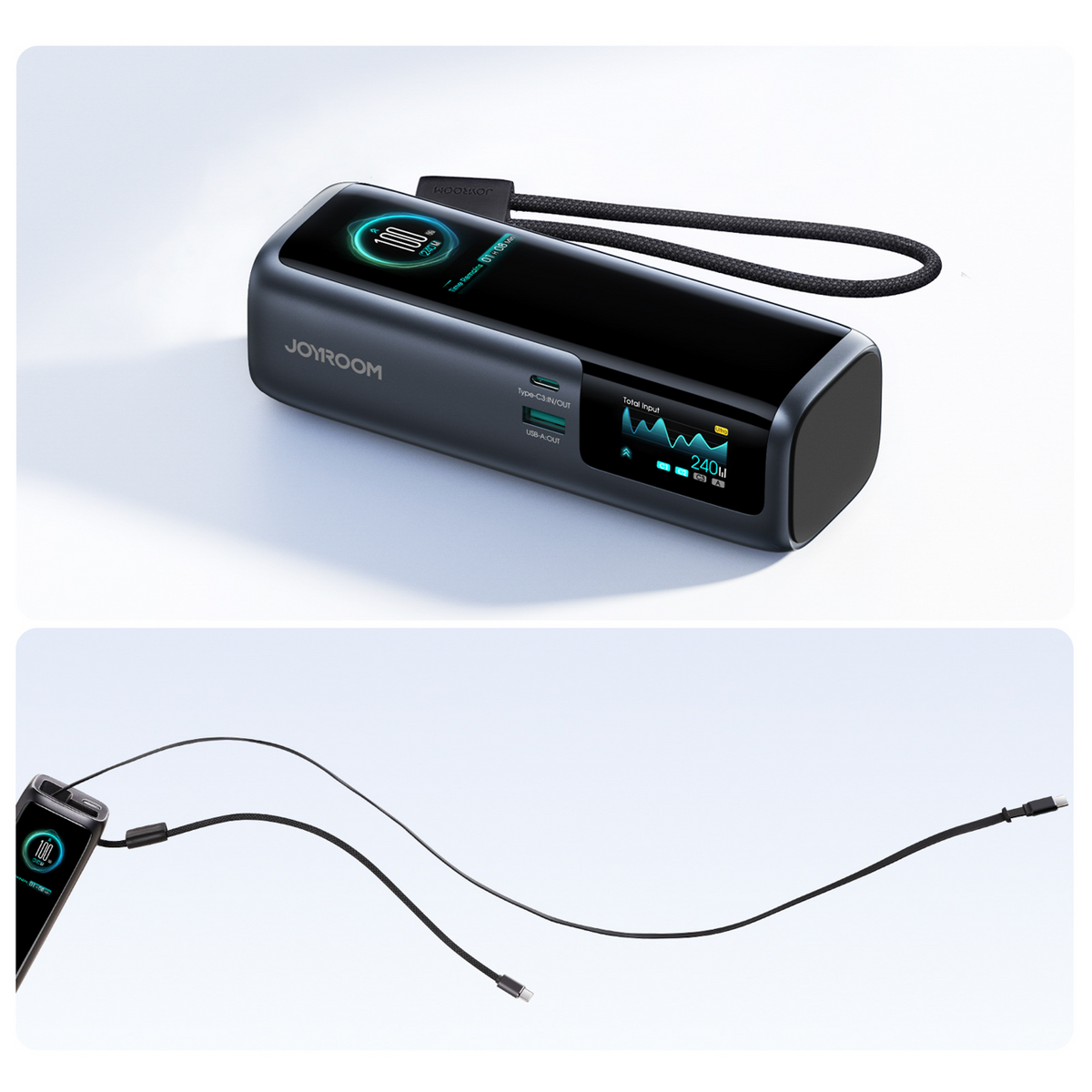 Zunanja baterija Joyroom PODIX PR70, 25000 mAh, 240 W, QC + PD, 1 × USB-A – 3 × USB-C, črna