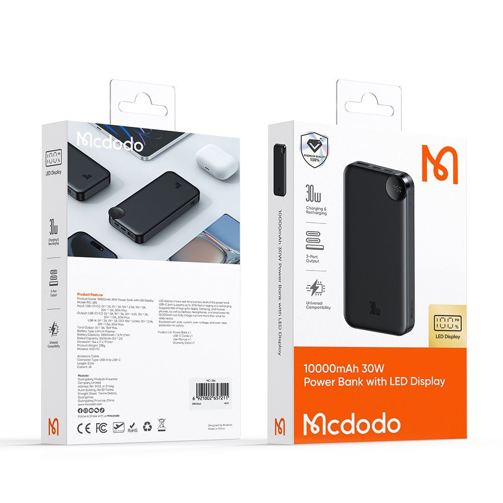 Zunanja baterija McDodo MC-3850 Display, 10000mAh, 30W, QC + PD, 1 x USB-A - 2 x USB-C, Črna