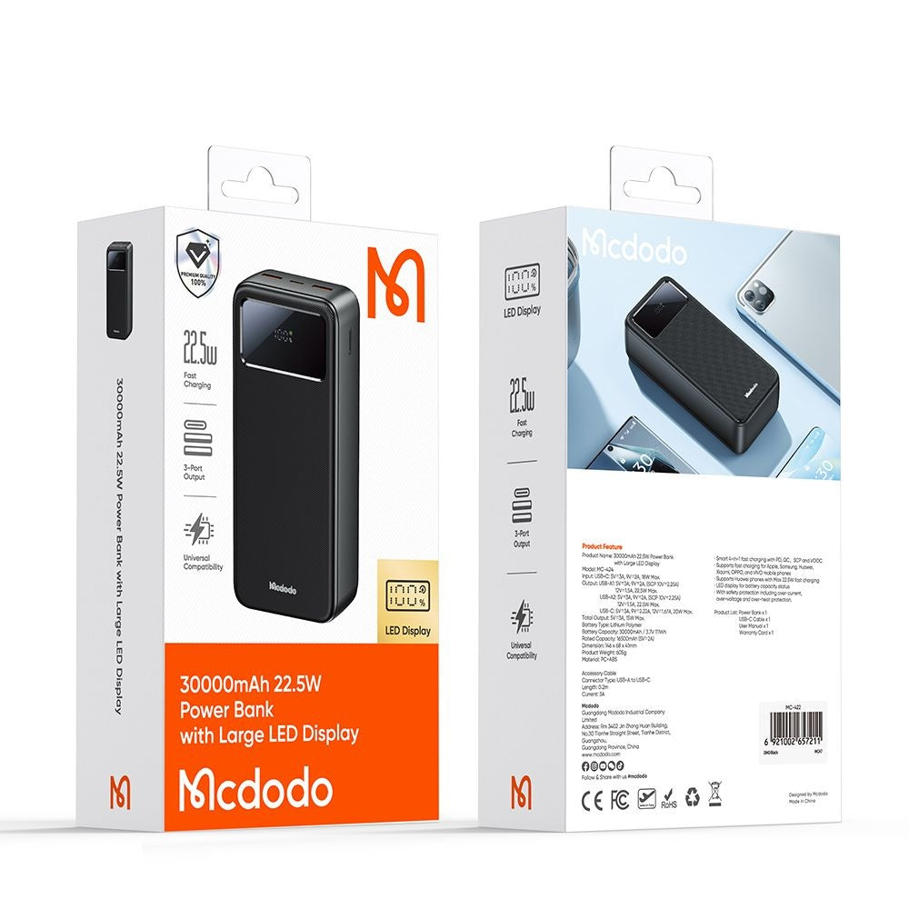 Zunanja baterija McDodo MC-4240, 30000mAh, 22.5W, QC + PD, 2 x USB-A - 1 x USB-C, Črna