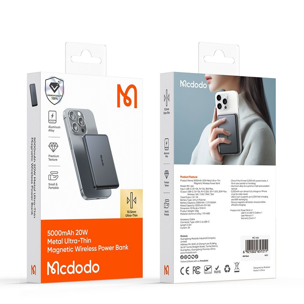 Zunanja baterija Wireless McDodo MC-4641 Meta, 5000mAh, 20W, PD + FQI, 1 x QI - 1 x USB-C, črna