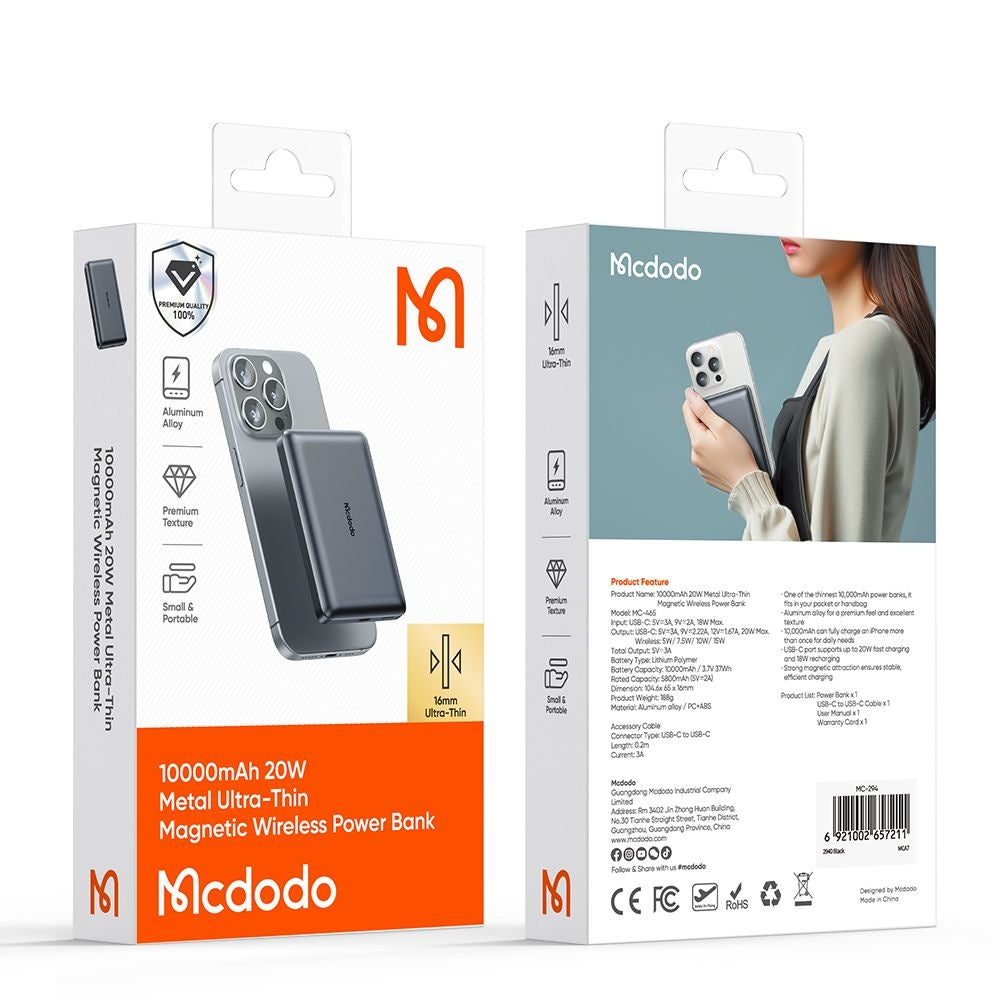 Zunanja baterija Wireless McDodo MC-4651 Meta, 10000mAh, 20W, PD + FQI, 1 x QI - 1 x USB-C, črna