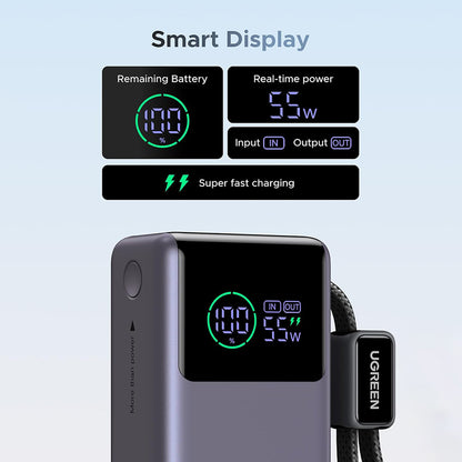 Zunanji akumulator UGREEN Nexode Pro PB727 (85301B), 10000mAh, 55W, QC + PD, 1 x USB-A - 2 x USB-C, Siva