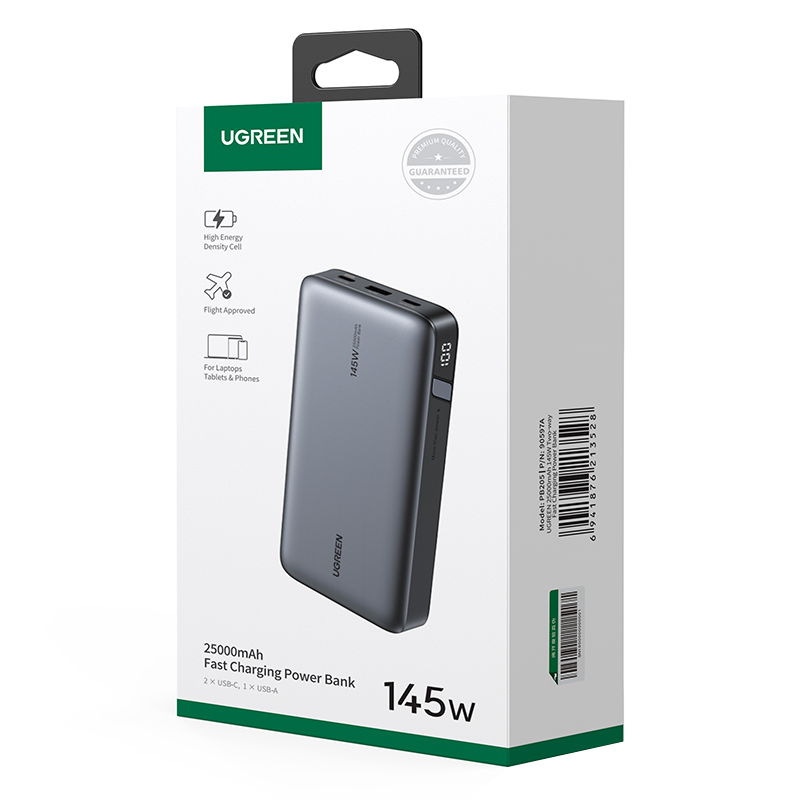 Zunanja baterija UGREEN PB205, 25000mAh, 145W, QC + PD, 1 x USB-A - 2 x USB-C, Siva