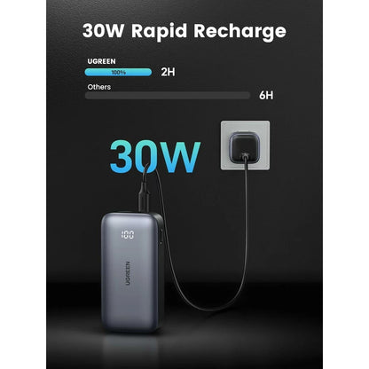 Zunanja baterija UGREEN PB502, 10000mAh, 30W, QC + PD, 1 x USB-A - 1 x USB-C, Siva