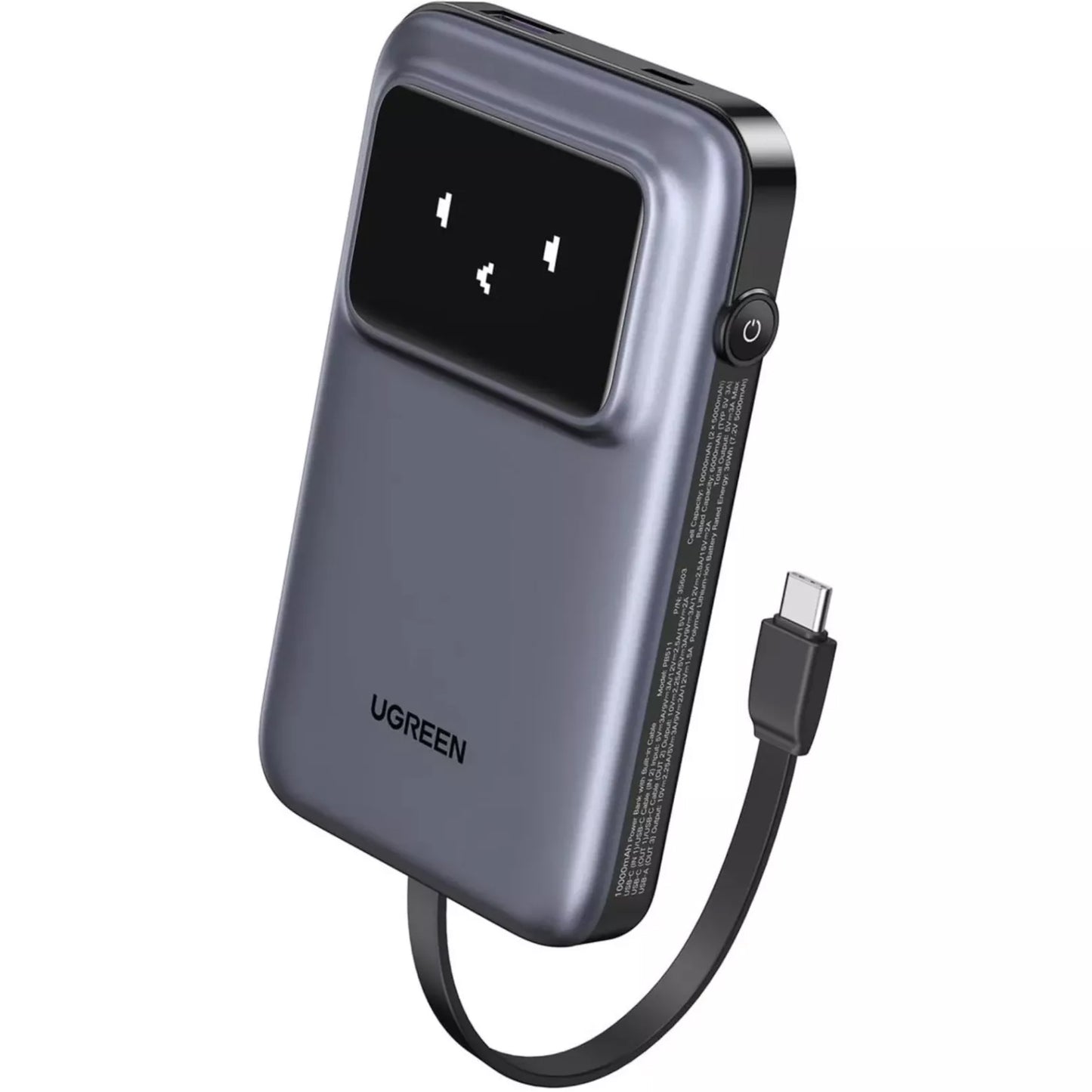 Zunanja baterija UGREEN PB511 Uno, 10000mAh, 30W, QC + PD, 1 x USB-A - 2 x USB-C, Siva