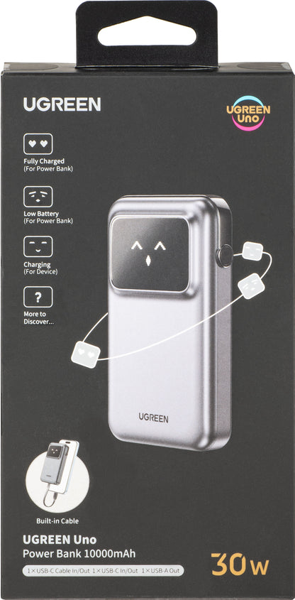 Zunanja baterija UGREEN PB511 Uno, 10000mAh, 30W, QC + PD, 1 x USB-A - 2 x USB-C, Siva