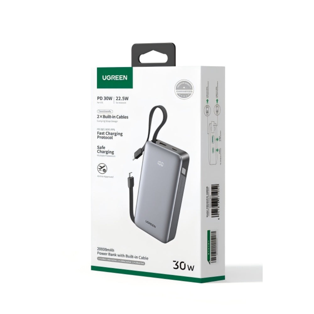 Zunanja baterija UGREEN PB528 (55985B), 20000mAh, 30W, QC + PD, 1 x USB-A - 3 x USB-C, Siva