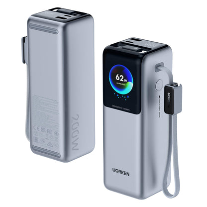 UGREEN PB728 External Battery (75702B), 25000mAh, 200W, QC + PD, 1 x USB-A - 2 x USB-C, Gray
