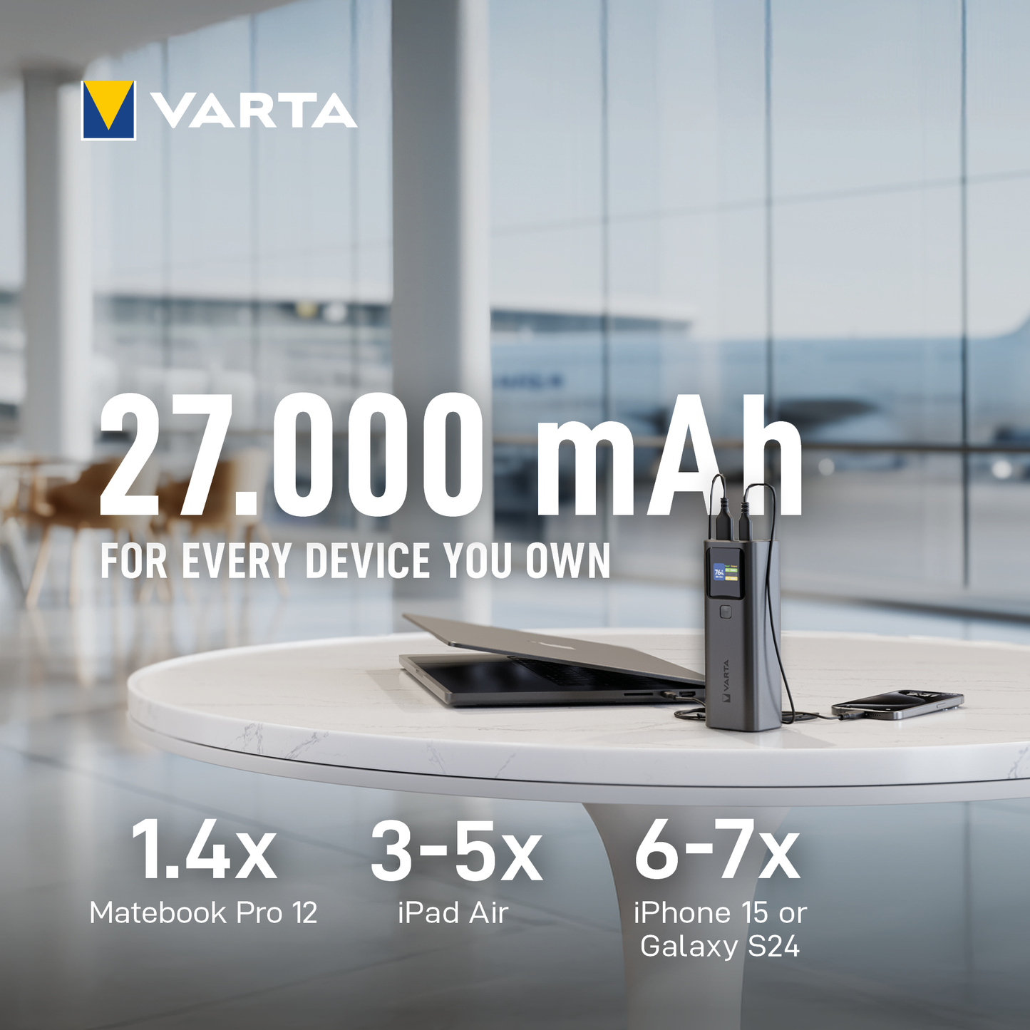 Zunanja baterija Varta High Speed, 27000mAh, 140W, QC + PD, 1 x USB-A - 2 x USB-C, Črna