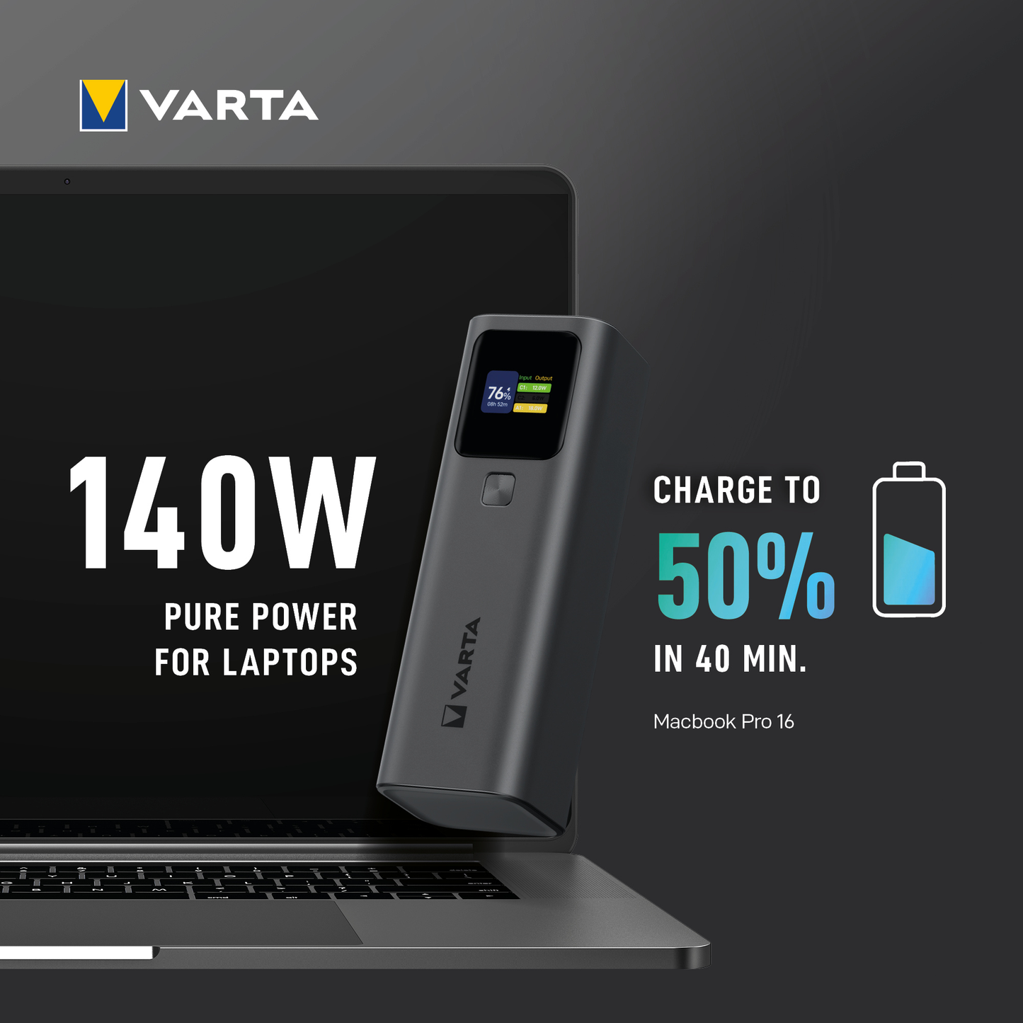 Zunanja baterija Varta High Speed, 27000mAh, 140W, QC + PD, 1 x USB-A - 2 x USB-C, Črna