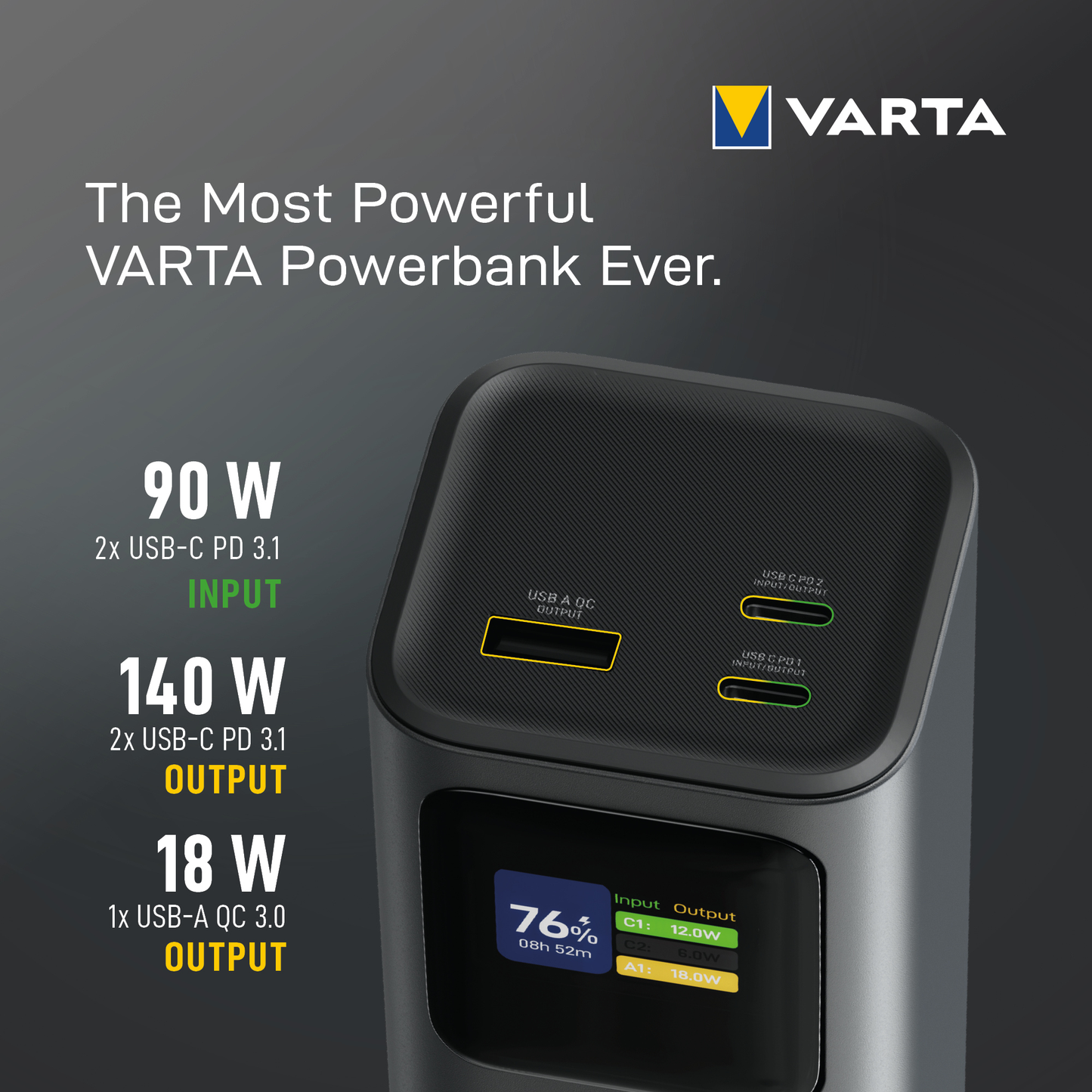 Zunanja baterija Varta High Speed, 27000mAh, 140W, QC + PD, 1 x USB-A - 2 x USB-C, Črna
