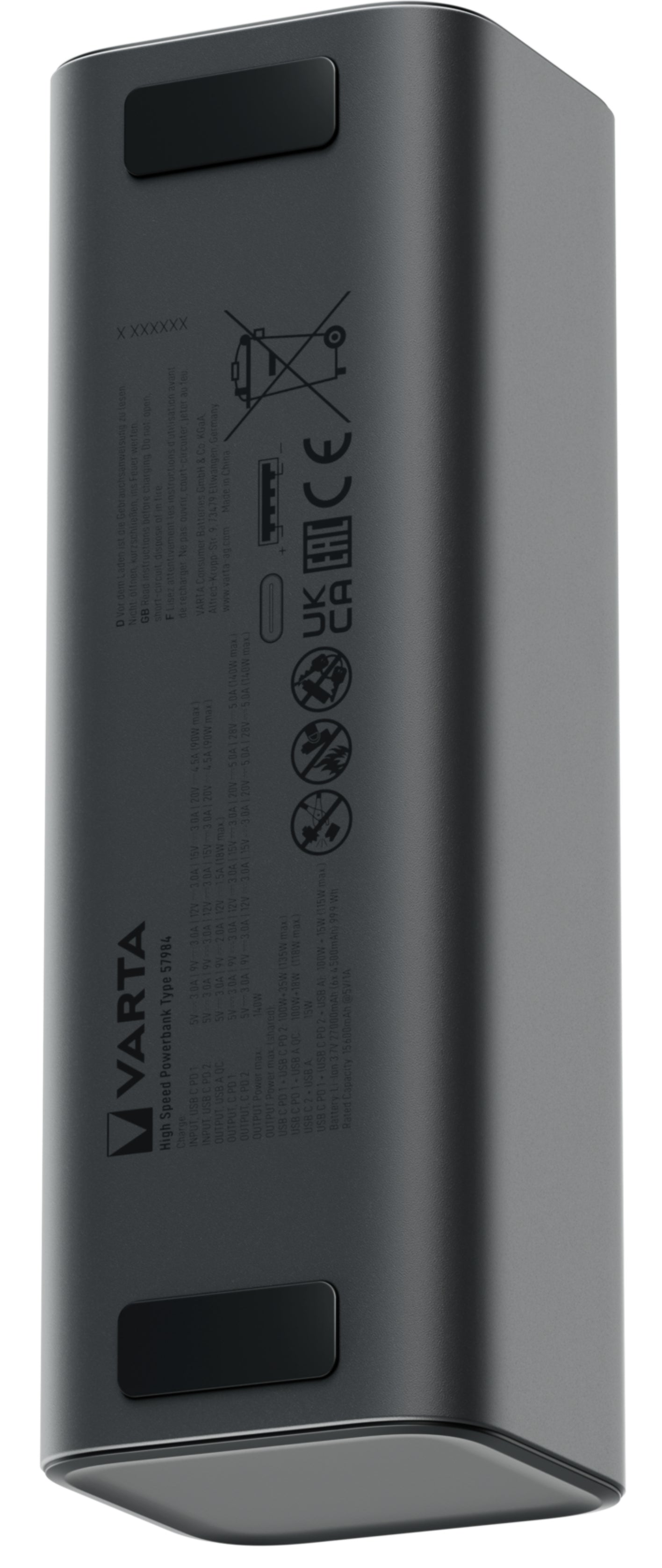 Zunanja baterija Varta High Speed, 27000mAh, 140W, QC + PD, 1 x USB-A - 2 x USB-C, Črna