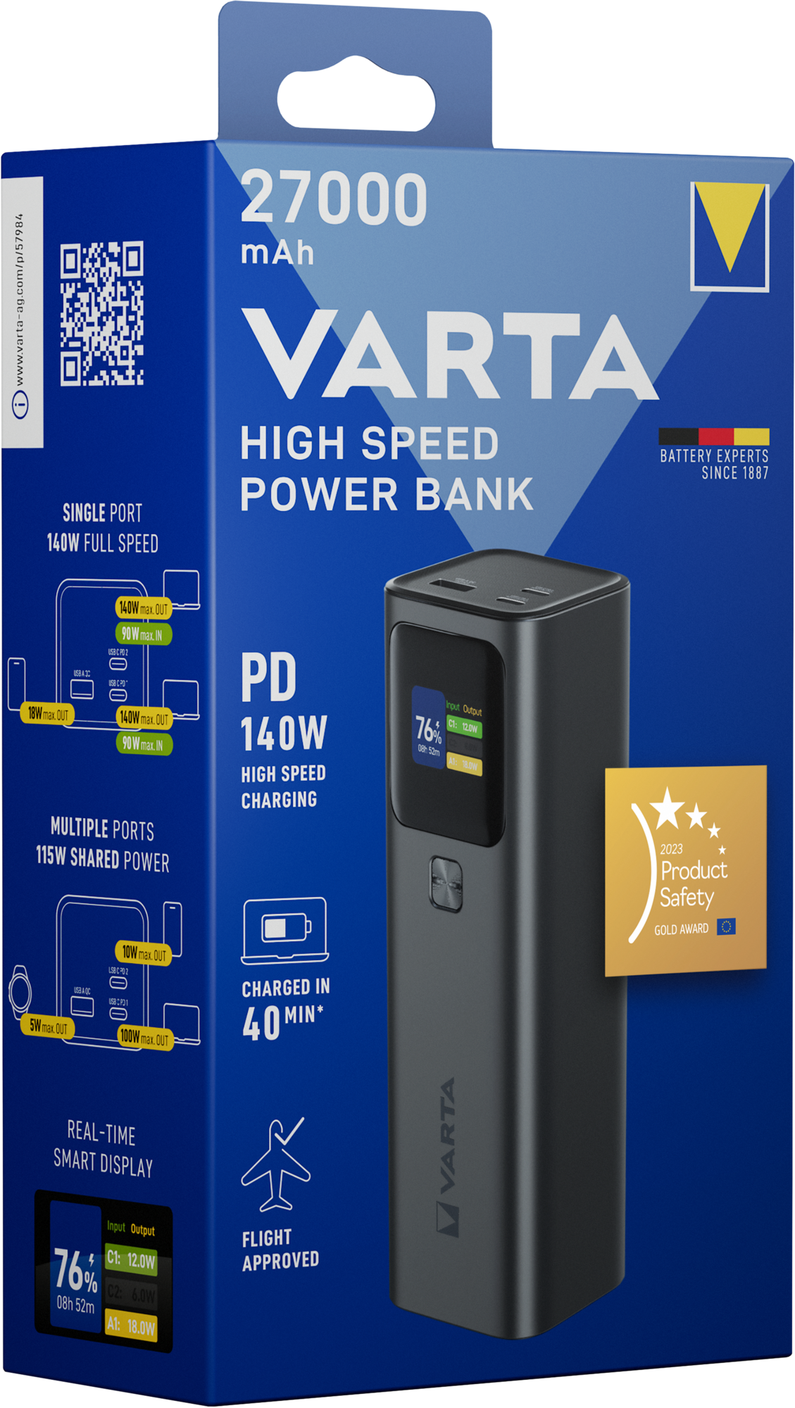 Zunanja baterija Varta High Speed, 27000mAh, 140W, QC + PD, 1 x USB-A - 2 x USB-C, Črna
