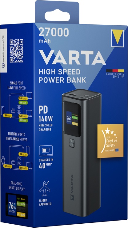 Zunanja baterija Varta High Speed, 27000mAh, 140W, QC + PD, 1 x USB-A - 2 x USB-C, Črna