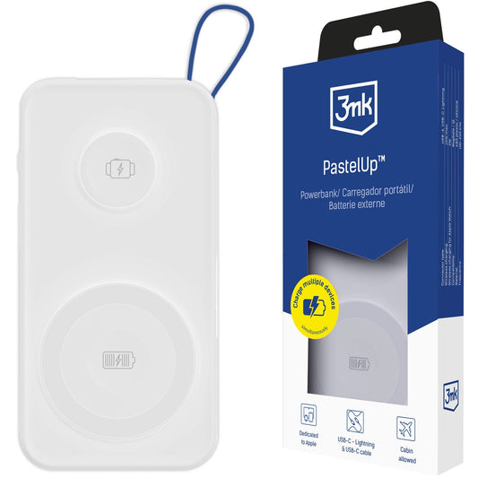 Zunanja baterija Wireless 3MK PastelUp, 10000mAh, 22.5W, QC + PD + FQI, 1 x USB-A - 1 x USB-C - 2 x QI, Bela