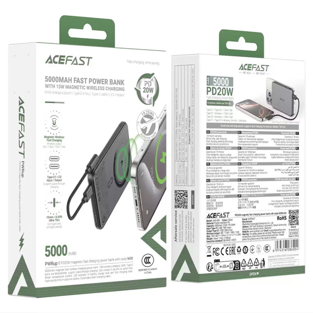 Zunanja baterija Acefast M30, 5000mAh, 20W, PD + FQI, 1 x QI - 2 x USB-C, črna