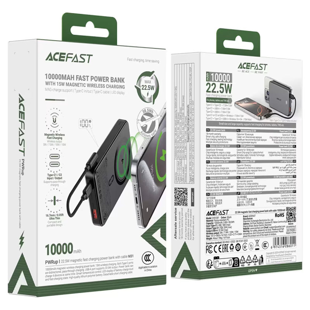 Zunanja baterija Acefast M31, 10000mAh, 22.5W, QC + PD + FQI, 1 x QI - 1 x USB-A - 2 x USB-C, črna