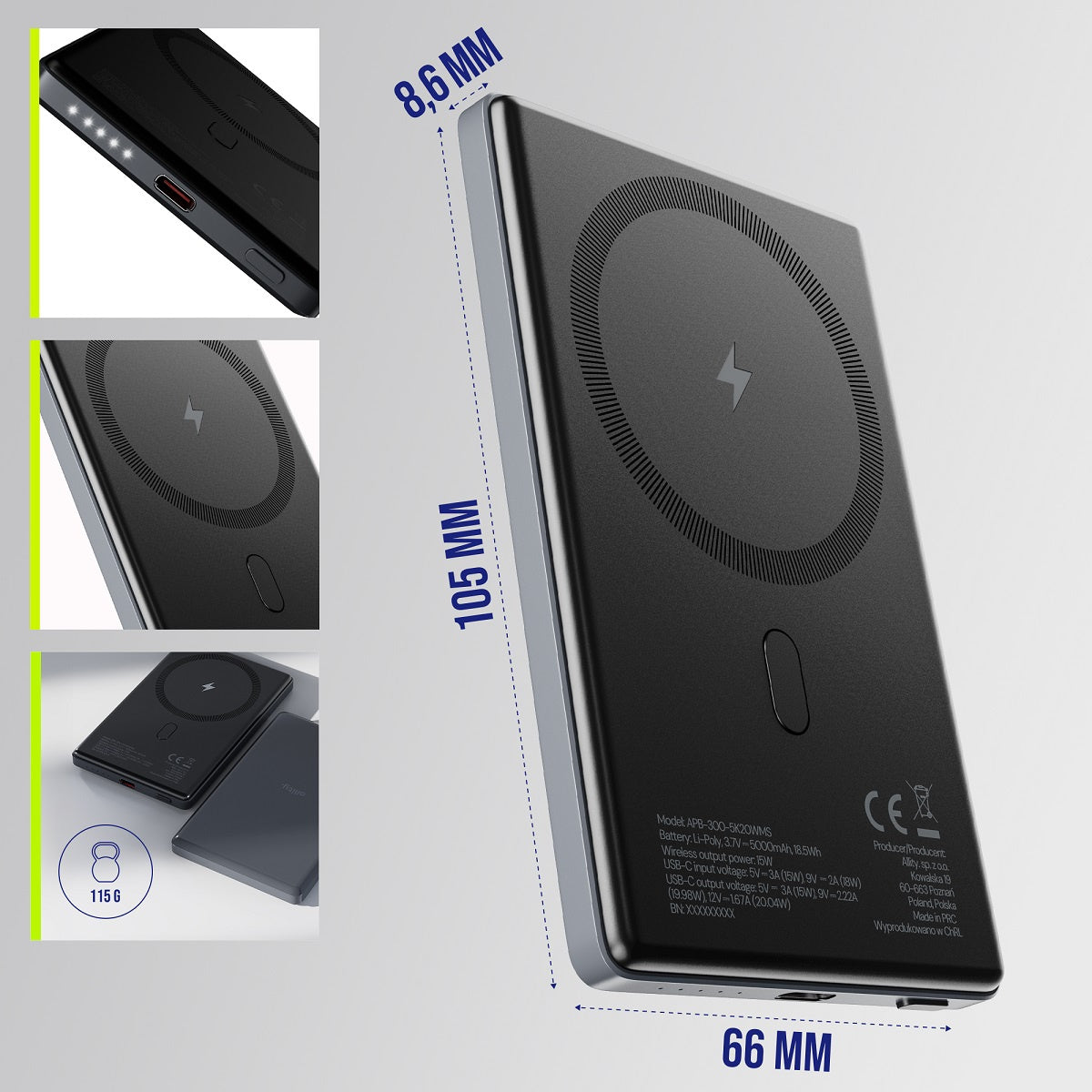 Allity Wireless External Battery. APB-300, 5000mAh, 20W, PD + QC, 1 x QI - 1 x USB-C, Gray