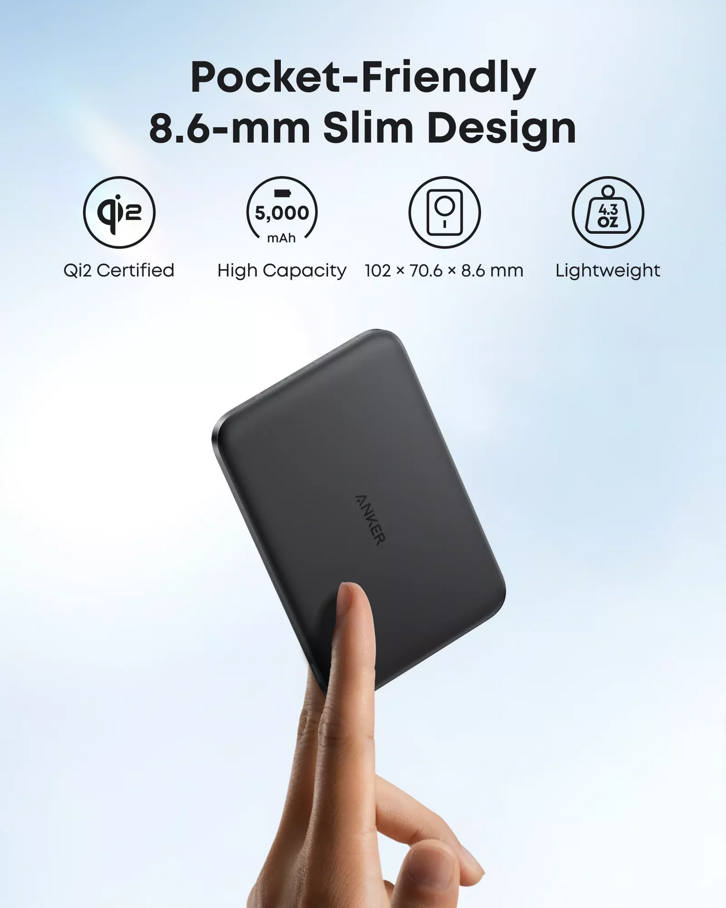 Brezžična zunanja baterija Anker Nano, 5000mAh, 20W, PD + FQI, 1 x QI - 1 x USB-C, Črna A1665H11
