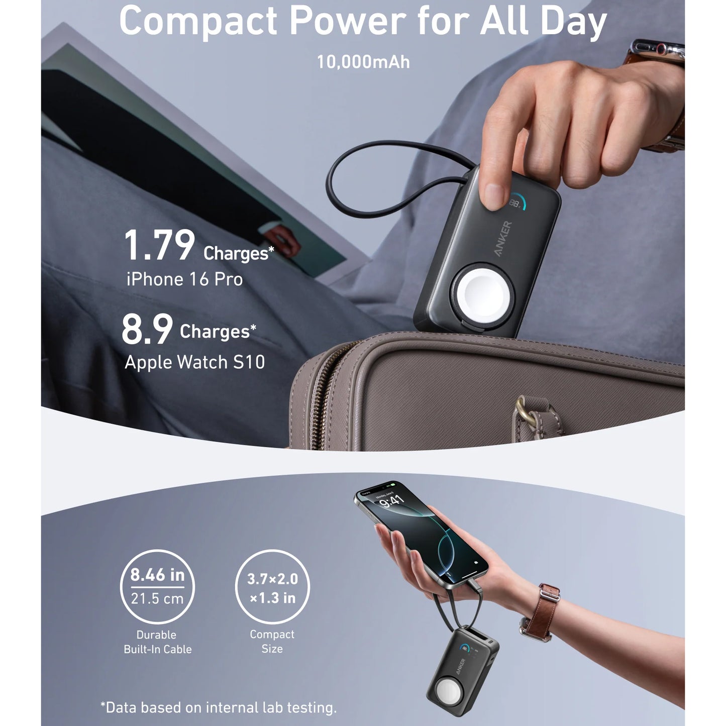Zunanja baterija Anker MagGo, 10000mAh, 35W, PD + QI, 1 x QI - 2 x USB-C, črna A1657H11