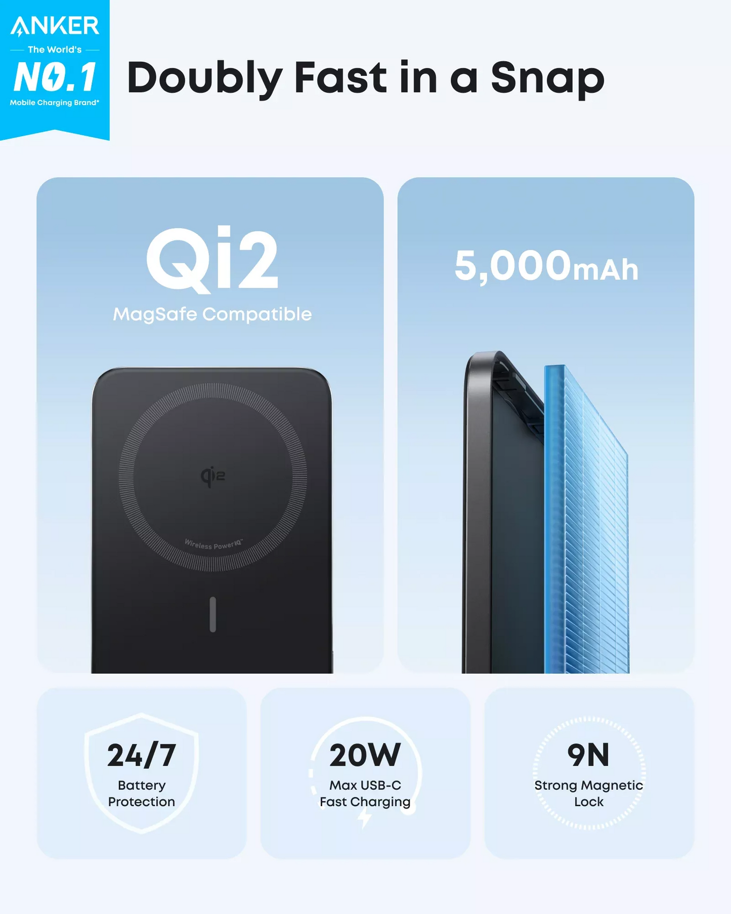 Brezžična zunanja baterija Anker Nano, 5000mAh, 20W, PD + FQI, 1 x QI - 1 x USB-C, Črna A1665H11