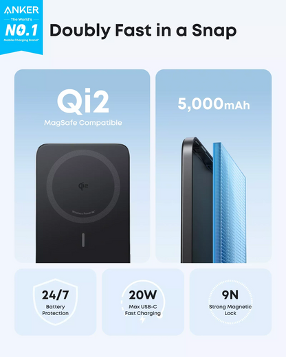 Brezžična zunanja baterija Anker Nano, 5000mAh, 20W, PD + FQI, 1 x QI - 1 x USB-C, Črna A1665H11