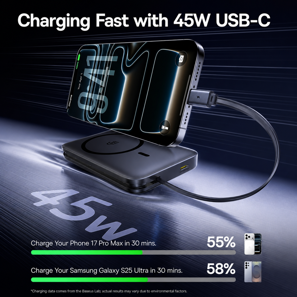 Brezžična zunanja baterija Baseus PicoGo AM61, 10000mAh, 45W, PD + FQI, 1 x QI - 2 x USB-C, Črna E0028V00