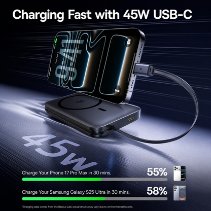 Brezžična zunanja baterija Baseus PicoGo AM61, 10000mAh, 45W, PD + FQI, 1 x QI - 2 x USB-C, Črna E0028V00