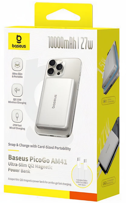 Zunanja brezžična baterija Baseus PicoGo AM41, 10000mAh, 27W, PD + FQI, 1 x QI - 1 x USB-C, Bež E0027203