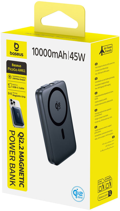 Brezžična zunanja baterija Baseus PicoGo AM61, 10000mAh, 45W, PD + FQI, 1 x QI - 2 x USB-C, Črna E0028V00