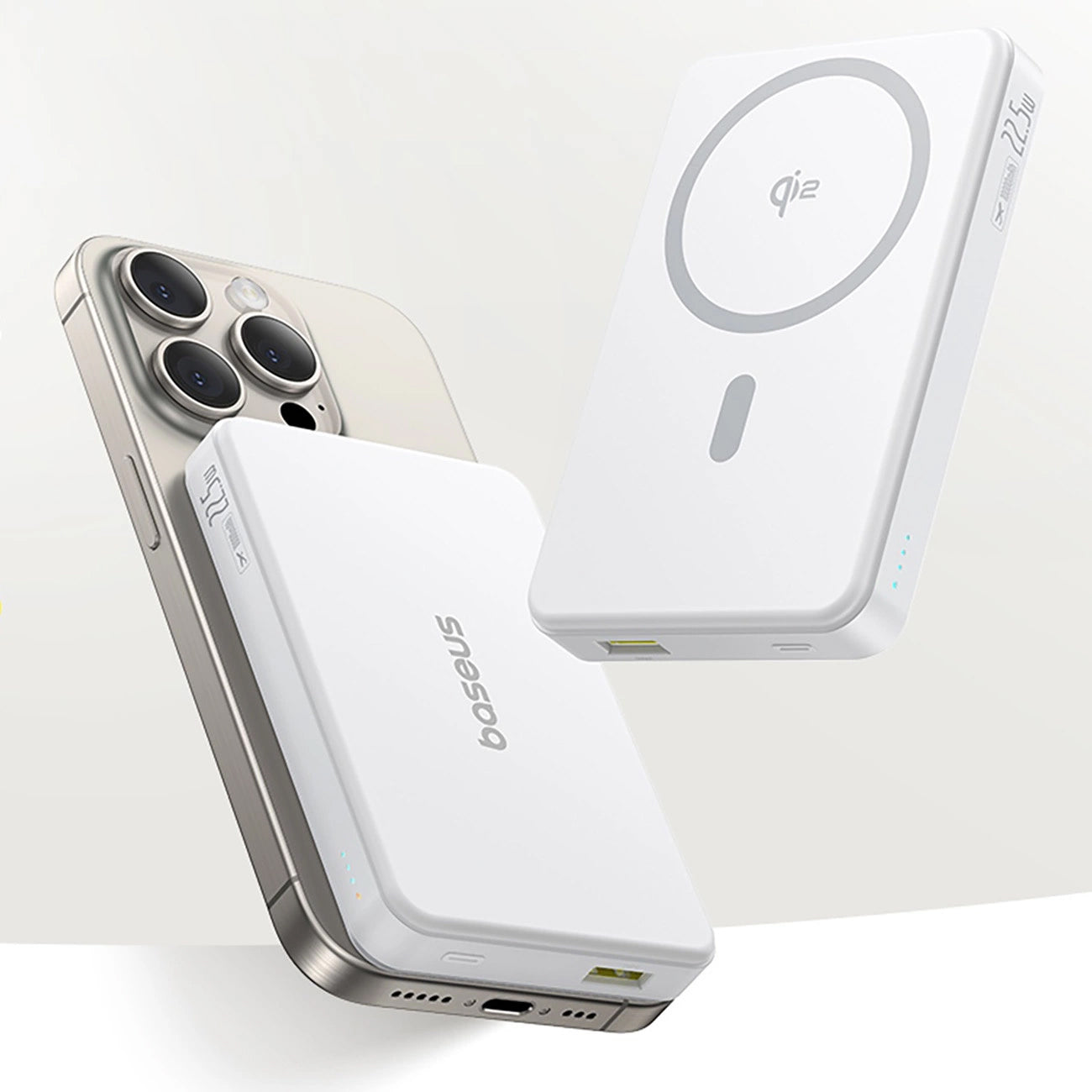 Zunanja brezžična baterija Baseus Airpow2 Qi2, 10000mAh, 22.5W, QC + PD + FQI, 1 x QI - 1 x USB-A - 1 x USB-C, Bela P10080000213-00
