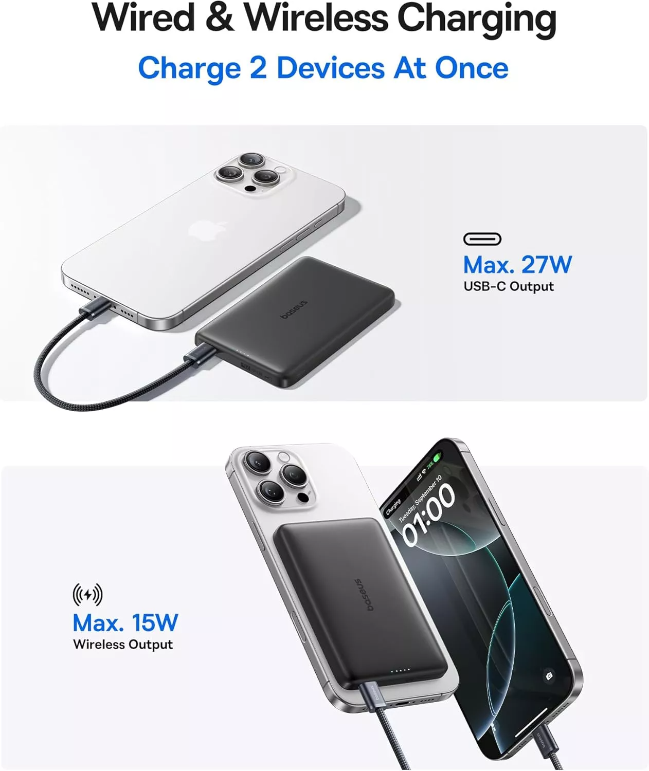 Baseus PicoGo AM41 Wireless External Battery, 10000mAh, 27W, PD + FQI, 1 x QI - 1 x USB-C, Black E0027201