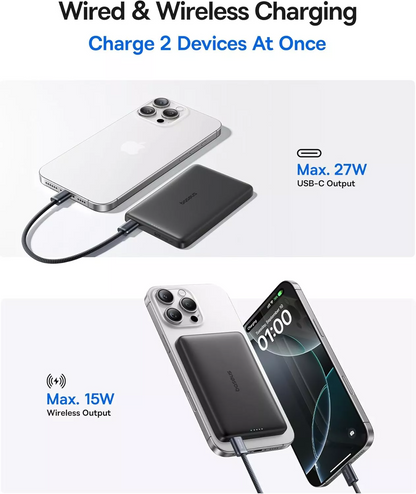 Baseus PicoGo AM41 Wireless External Battery, 10000mAh, 27W, PD + FQI, 1 x QI - 1 x USB-C, Black E0027201