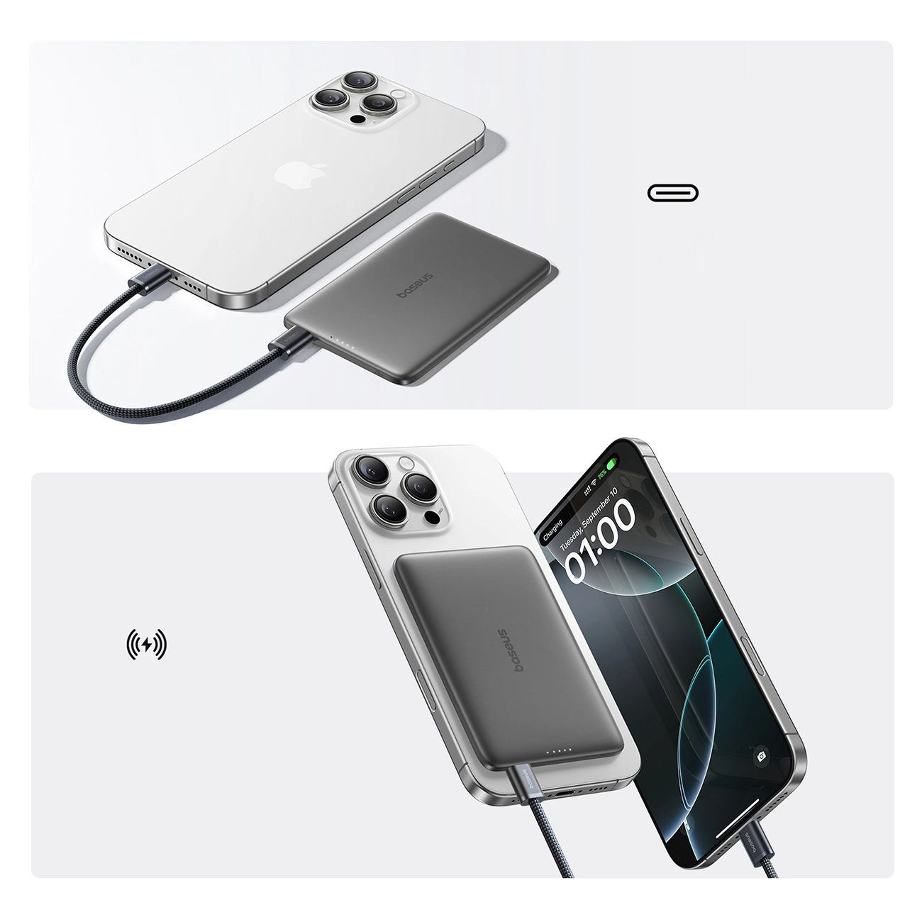 Zunanja brezžična baterija Baseus PicoGo AM41, 5000mAh, 20W, PD + FQI, 1 x QI - 1 x USB-C, črna