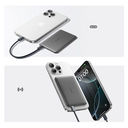 Zunanja brezžična baterija Baseus PicoGo AM41, 5000mAh, 20W, PD + FQI, 1 x QI - 1 x USB-C, črna