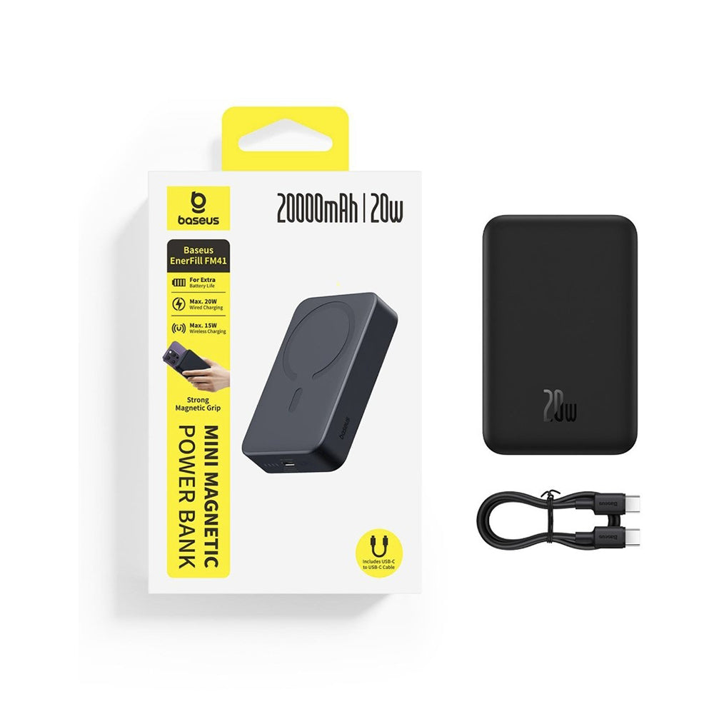 Brezžična zunanja baterija Baseus EnerFill FM41, 20000mAh, 20W, PD - FQI, 1 x QI - 1 x USB-C, črna E0027U00