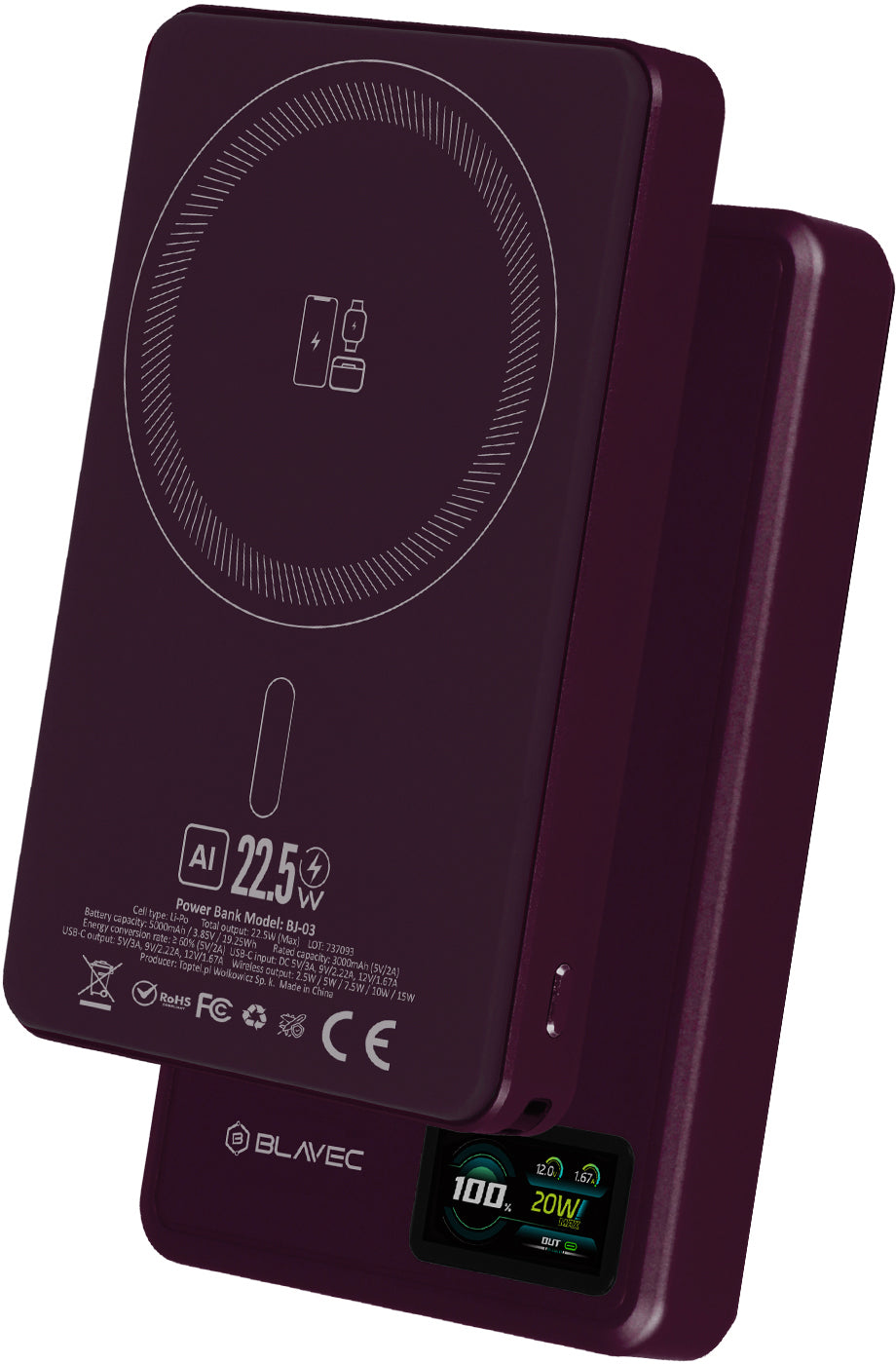 Brezžična zunanja baterija Blavec BJ-03 Slim, 10000 mAh, 22,5 W, PD + FQI, 1 × QI – 1 × USB-C, vijolična