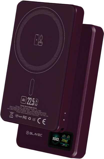 Brezžična zunanja baterija Blavec BJ-03 Slim, 10000 mAh, 22,5 W, PD + FQI, 1 × QI – 1 × USB-C, vijolična