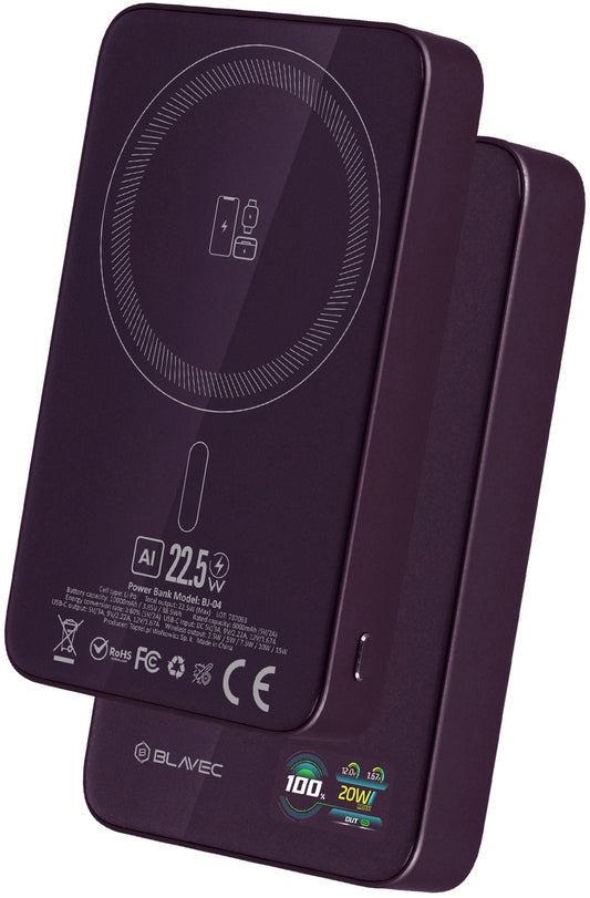 Brezžična zunanja baterija Blavec BJ-04 Slim, 10000 mAh, 22,5 W, PD + FQI, 1 × QI – 1 × USB-C, vijolična