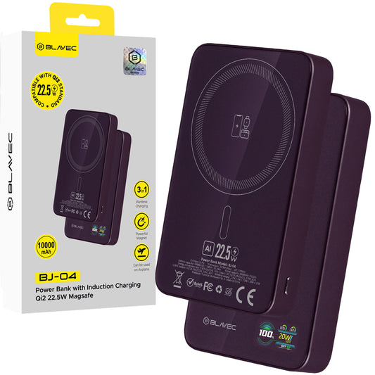 Brezžična zunanja baterija Blavec BJ-04 Slim, 10000 mAh, 22,5 W, PD + FQI, 1 × QI – 1 × USB-C, vijolična