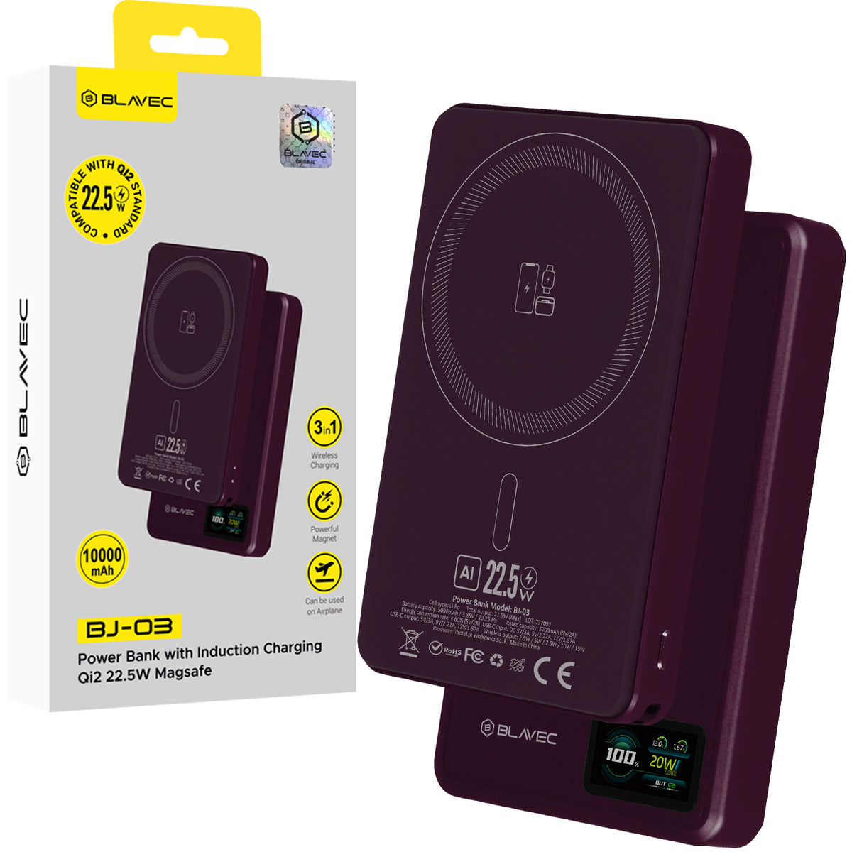 Brezžična zunanja baterija Blavec BJ-03 Slim, 10000 mAh, 22,5 W, PD + FQI, 1 × QI – 1 × USB-C, vijolična