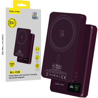 Brezžična zunanja baterija Blavec BJ-03 Slim, 10000 mAh, 22,5 W, PD + FQI, 1 × QI – 1 × USB-C, vijolična