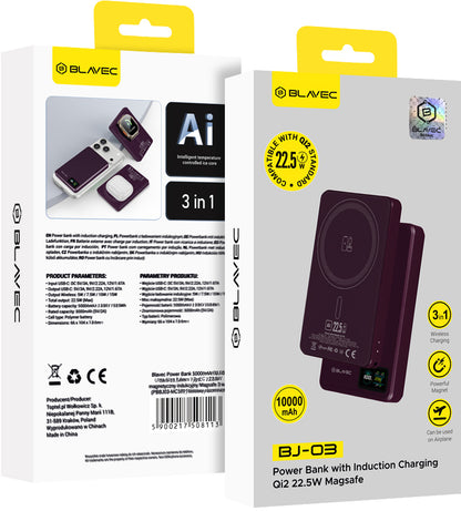 Brezžična zunanja baterija Blavec BJ-03 Slim, 10000 mAh, 22,5 W, PD + FQI, 1 × QI – 1 × USB-C, vijolična