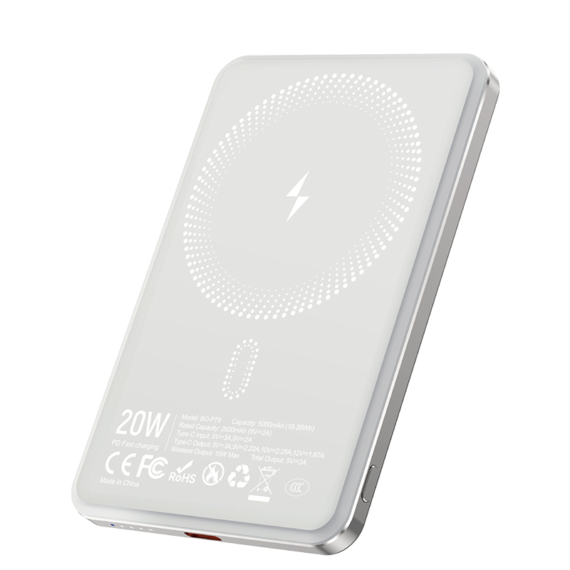 Brezžična zunanja baterija BWOO P79, 5000mAh, 20W, PD + FQI, 1 x QI - 1 x USB-C, Siva