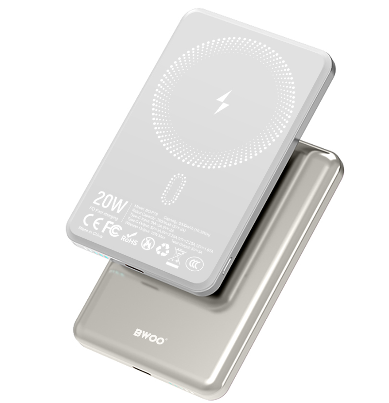 Brezžična zunanja baterija BWOO P79, 5000mAh, 20W, PD + FQI, 1 x QI - 1 x USB-C, Siva